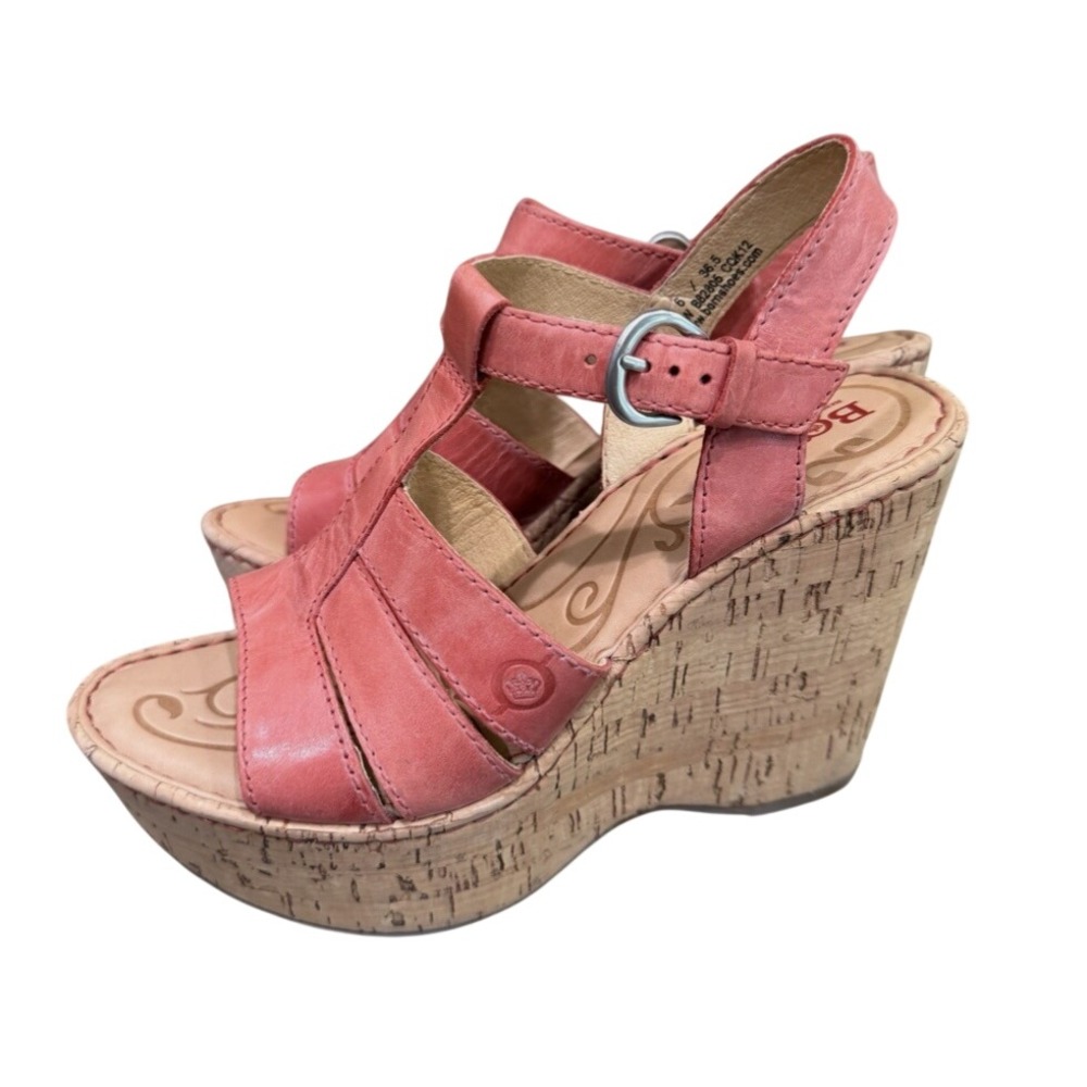 Born Nicolina CORK PLATFORM WEDGE Sandals Shoes Heels CORAL/RED LEATHER sz 9